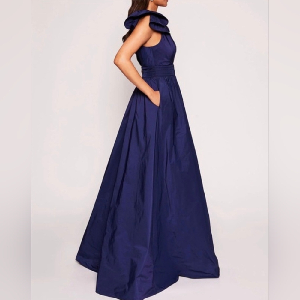 Marchesa Notte Bow Ruffle Taffeta Empire Ball Gown in Navy Size 10 - Picture 3 of 7